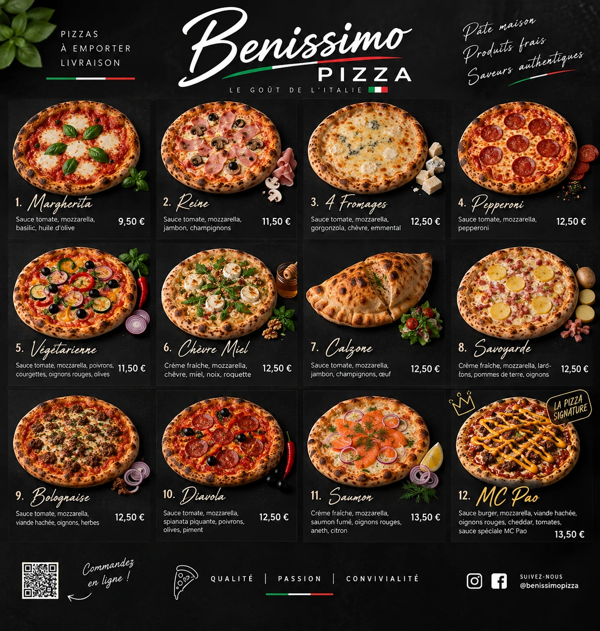 Maquette de la carte Benissimo présentant douze pizzas